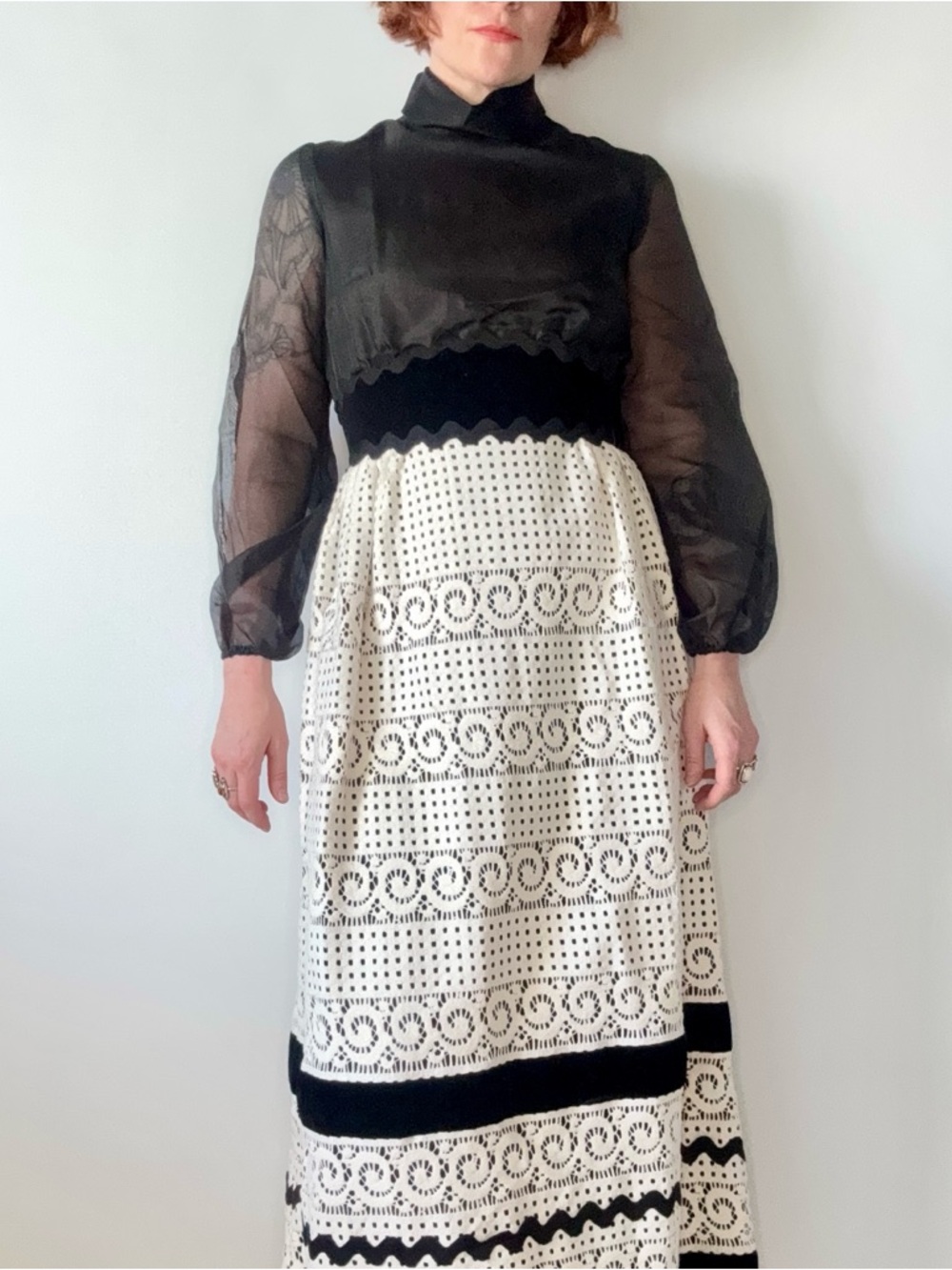 Vintage 1970s Black & White Crochet Maxi   Dress